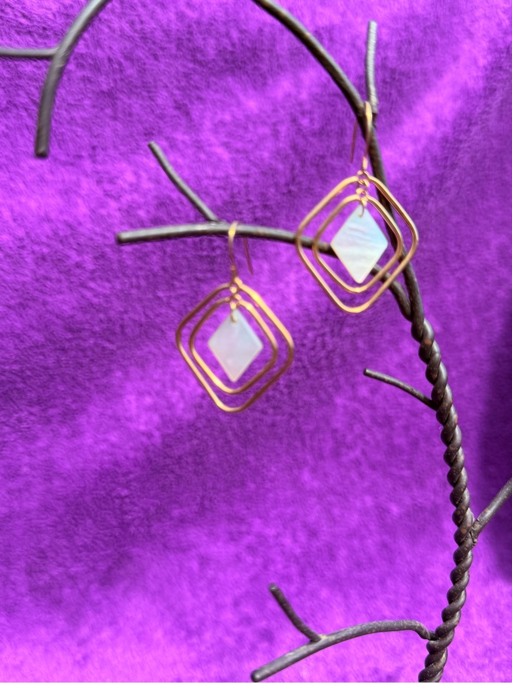 14k Gold Geometric Double Square Dangle Earrings with Mother-of-Pearl Accent